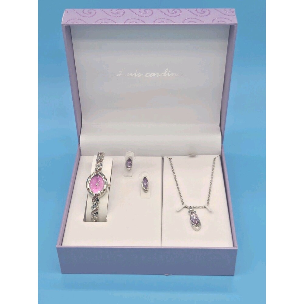 Luis Cardini Silver Lavender Jewelry Set with Watch,Necklace and Earrings